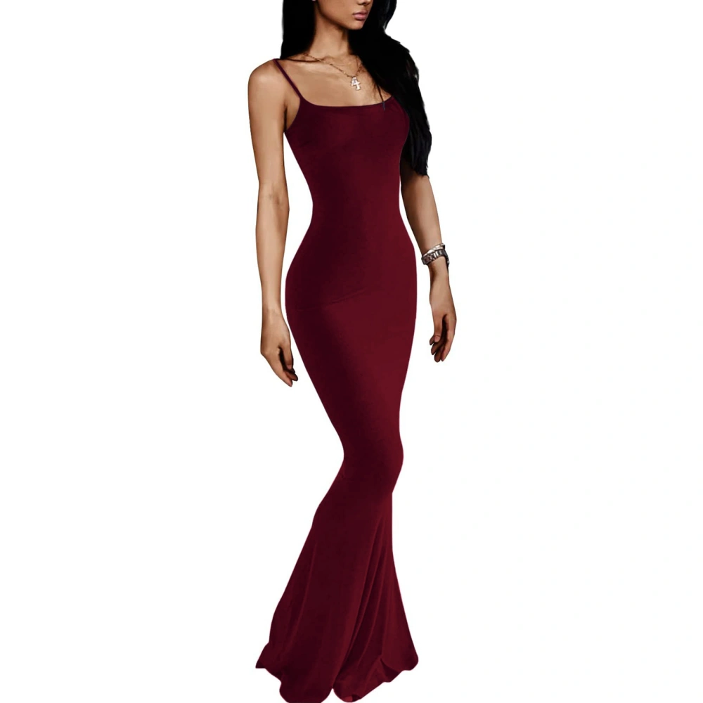 Women Lounge Spaghetti Strap Maxi Dress Elegant Pure Color Sleeveless Bodycon Dress for Beach Party Burgundy S