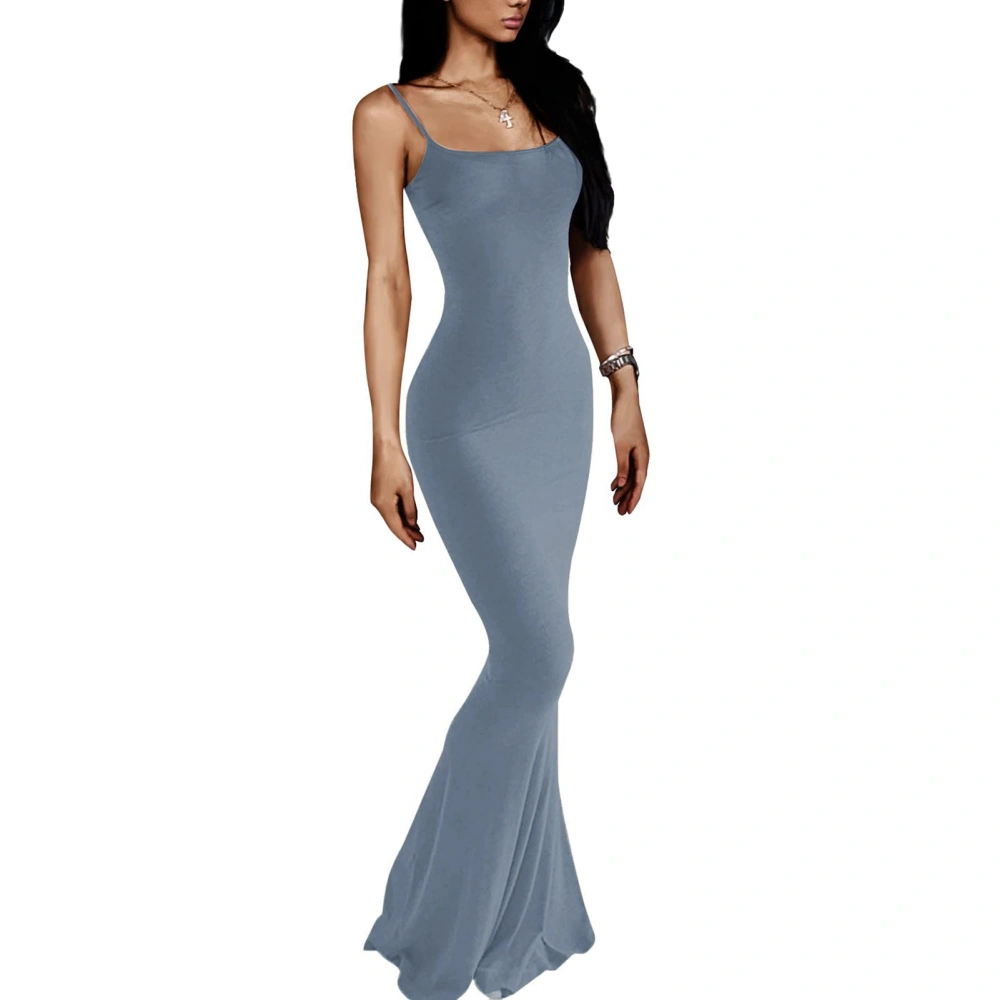 Women Lounge Spaghetti Strap Maxi Dress Elegant Pure Color Sleeveless Bodycon Dress for Beach Party Gray Blue XS