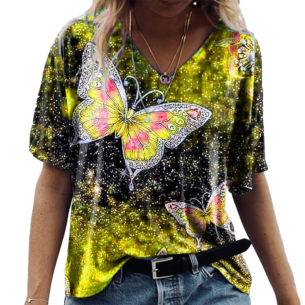 Women T Shirt Fashionable Loose Breathable Ladies Female Butterflies Half Sleeve Shirt Top Yellow M