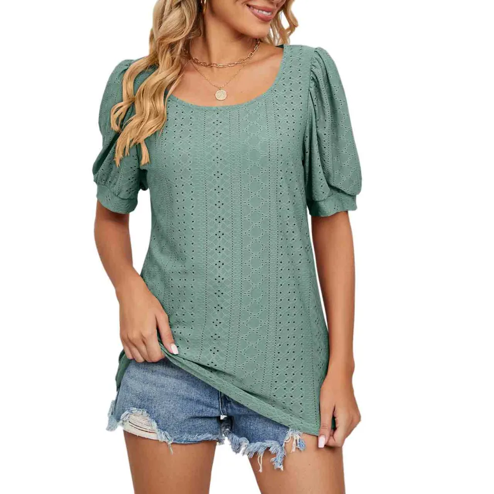 Women Crew Neck Top Short Puff Sleeve Hollow Out Pure Color Breathable Casual Pullover Shirt Dark Green L