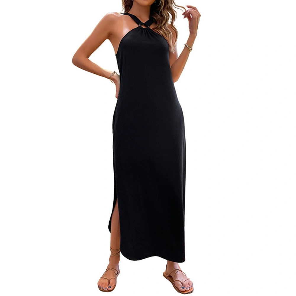 Off Shoulder Dress Sleeveless Soft Breathable Polyester with Pockets Women Clothing Black XL