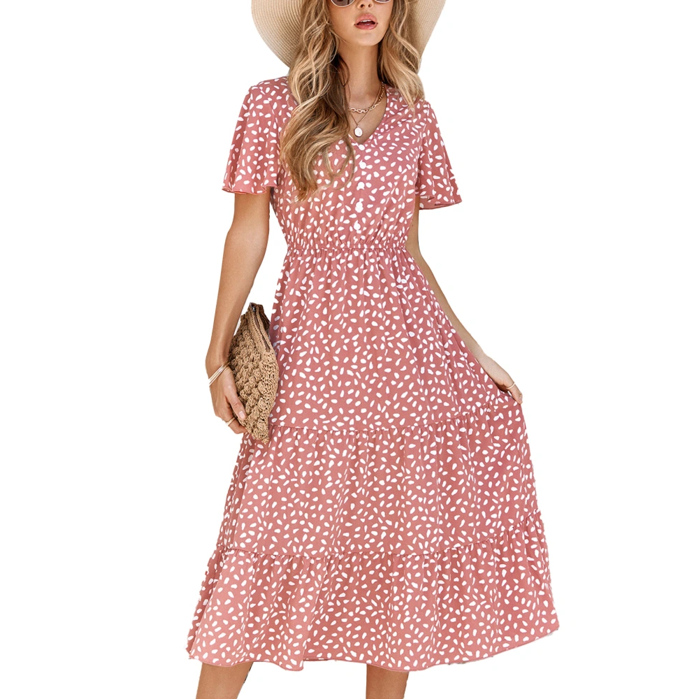 V Neck Dress Midi Length Ruffle Sleeved Printed Fashionable Breathable Women Dress for Summer Spring Brownish Red M