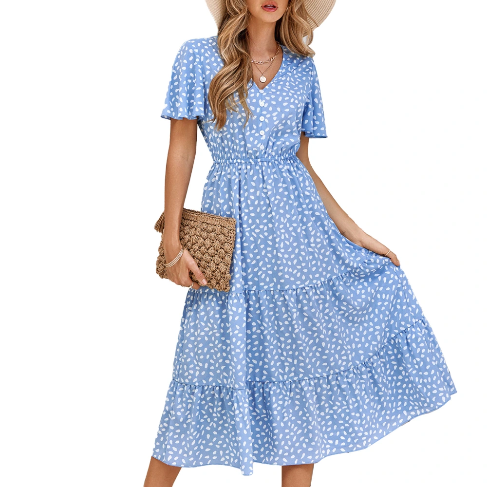 V Neck Dress Midi Length Ruffle Sleeved Printed Fashionable Breathable Women Dress for Summer Spring Light Blue S