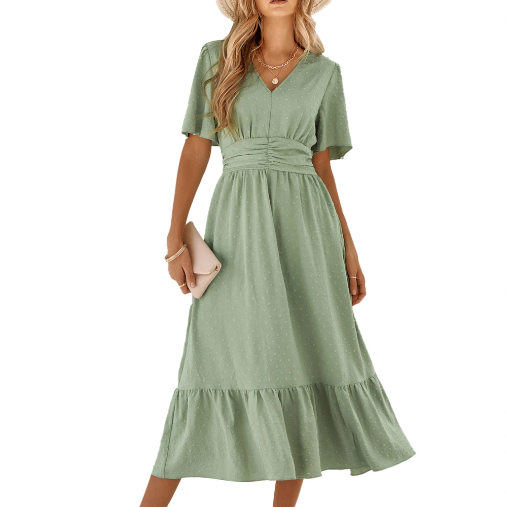 Women V Neck Short Ruffle Sleeve Dress Summer Casual Swiss Dot Shirred Waist Midi Dress for Party Light Green L