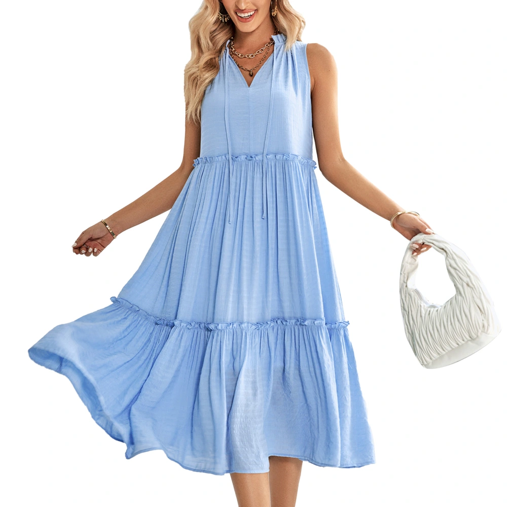 V Neck Sleeveless Dress Women Summer Elegant Loose Pure Color Collar Drawstring Frill Trim Tiered Dress Blue S