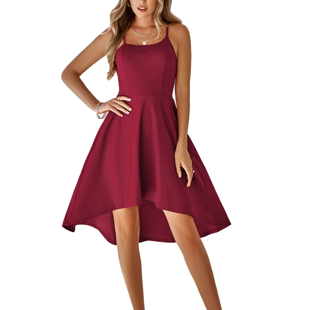 High Low Hem Dress Spaghetti Strap Pure Color Casual Fit Fashionable Women Sleeveless Dress Burgundy XL