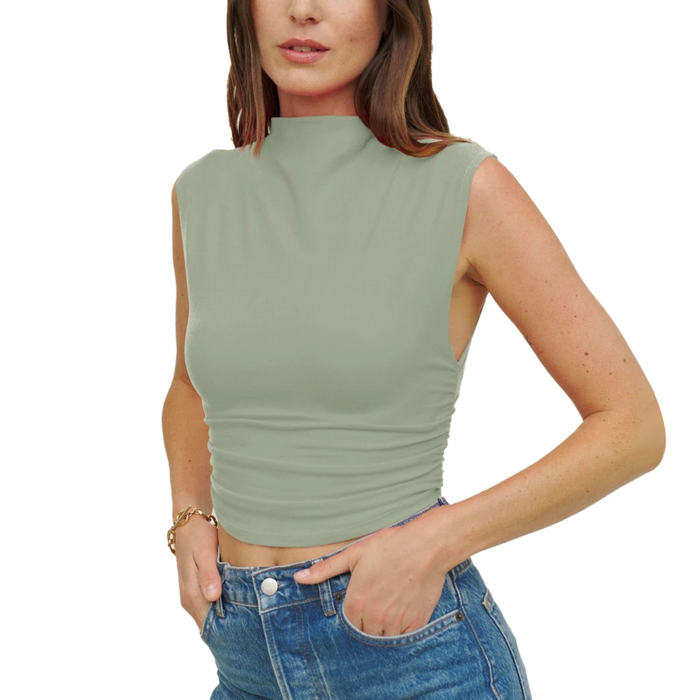 Women Tank Top Stand Collar Sleeveless Side Pleated Slim Fit Stretchy Breathable Tank Undershirt Light Green M