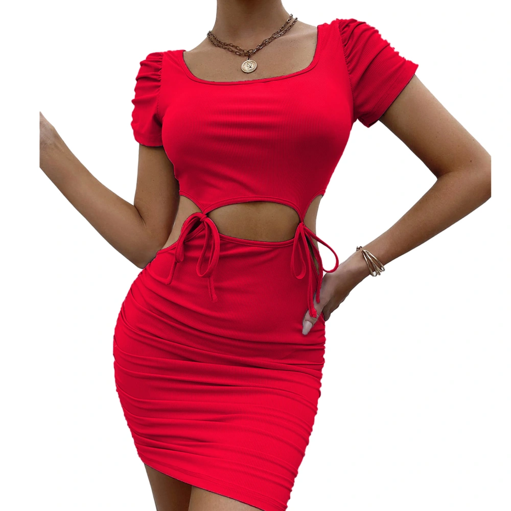 Women Short Dress Waist Cut Out Straps Link Short Sleeves Hip Wrap Stylish Short Dress Red L