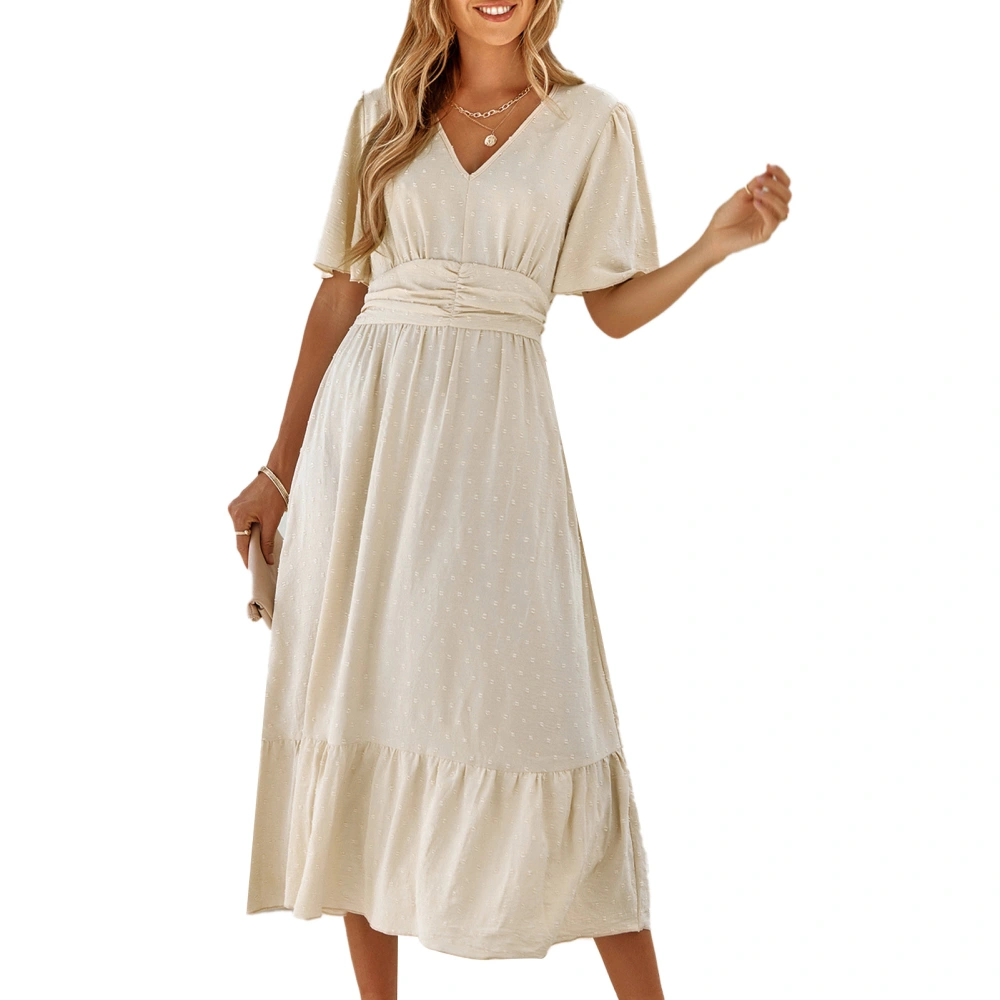 Women V Neck Short Ruffle Sleeve Dress Summer Casual Swiss Dot Shirred Waist Midi Dress for Party Apricot M