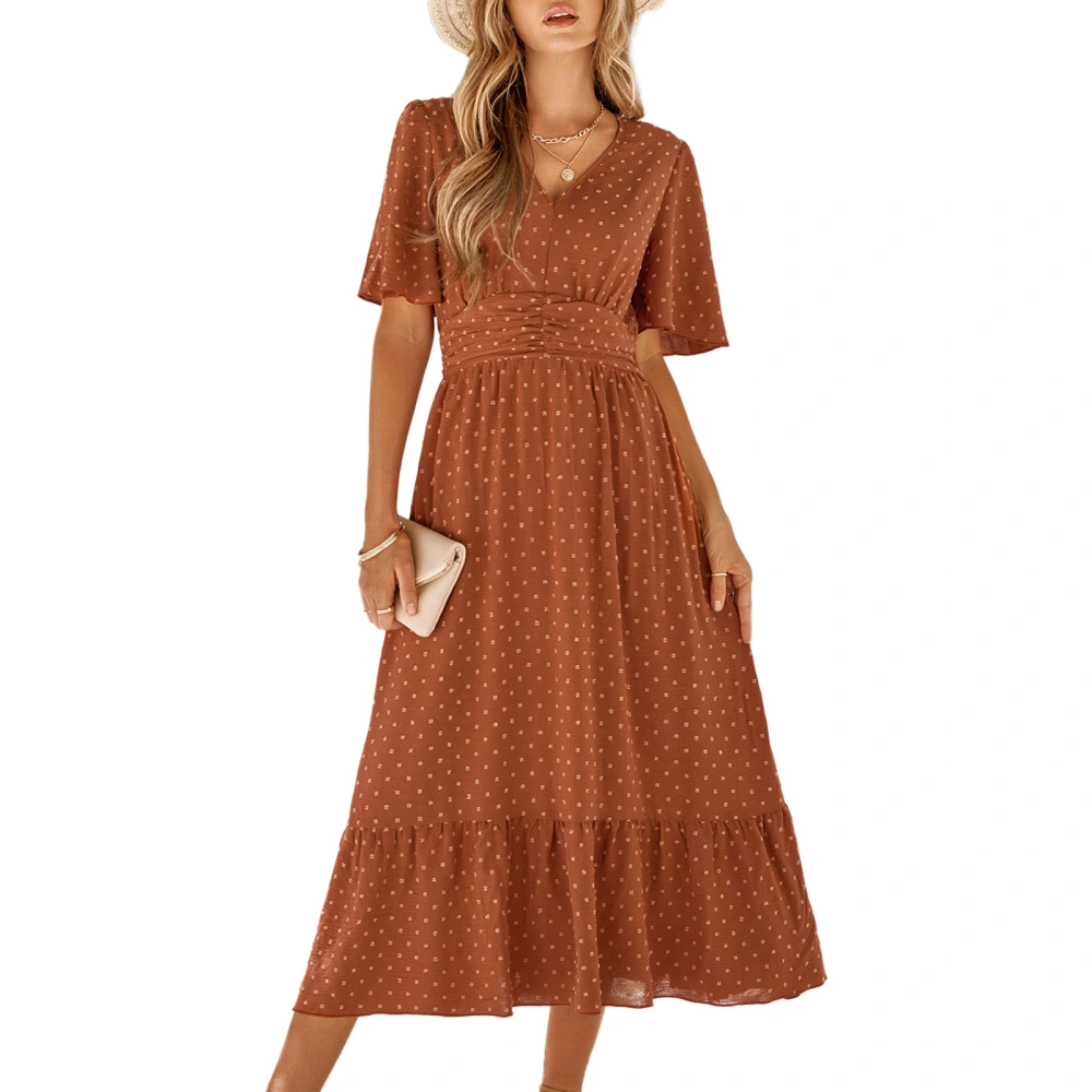 Women V Neck Short Ruffle Sleeve Dress Summer Casual Swiss Dot Shirred Waist Midi Dress for Party Brick Red XL