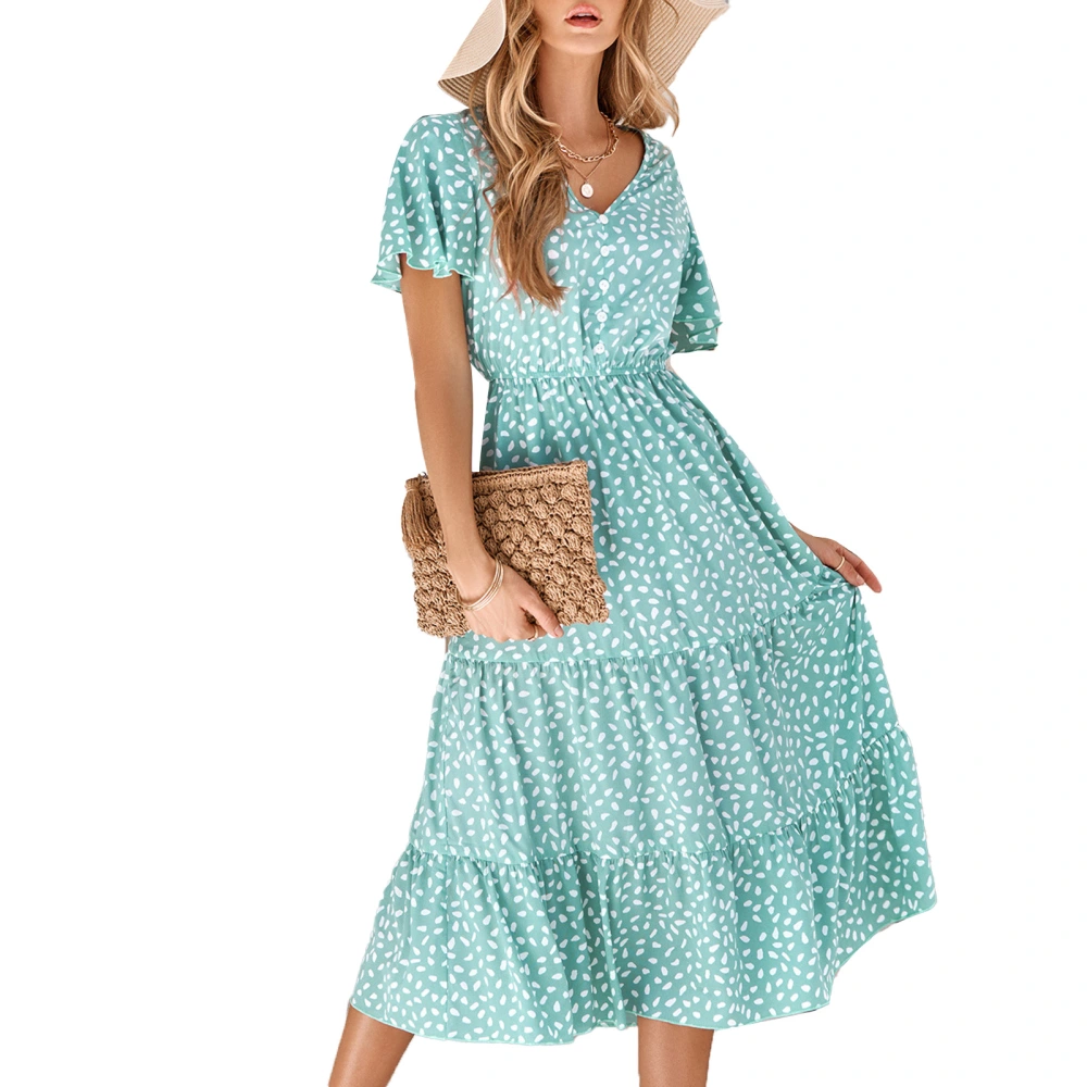 V Neck Dress Midi Length Ruffle Sleeved Printed Fashionable Breathable Women Dress for Summer Spring Light Green S