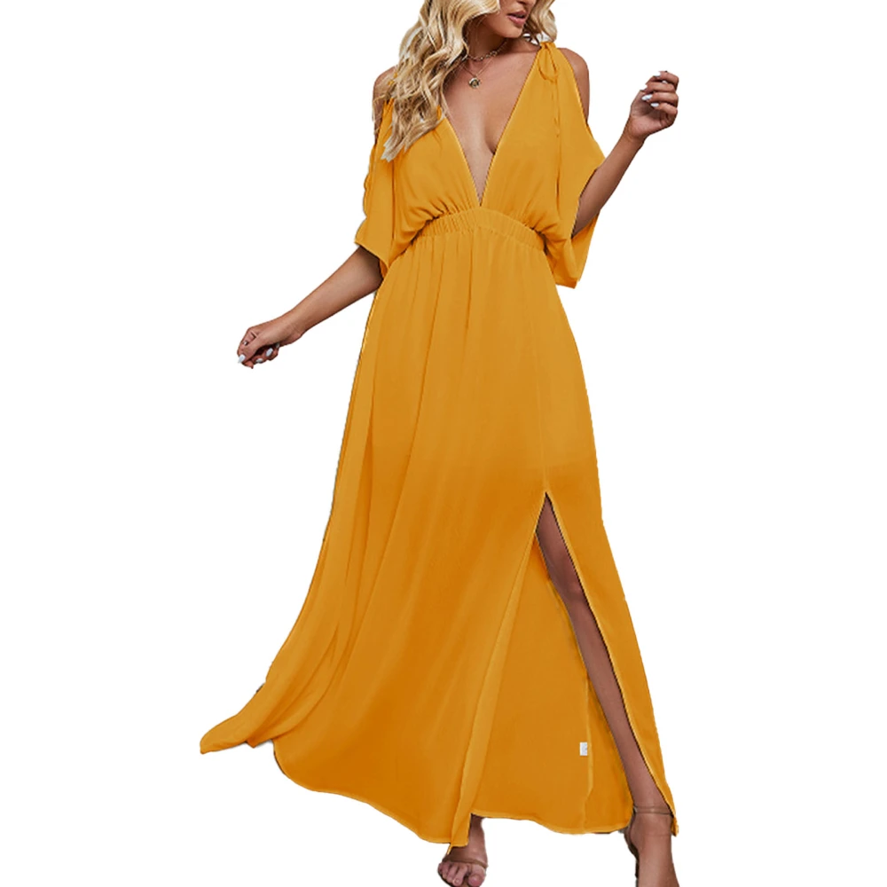 Women Long Dress Deep V Neck Flowy Chiffon High Split Elegant Summer Dress for Female Yellow M