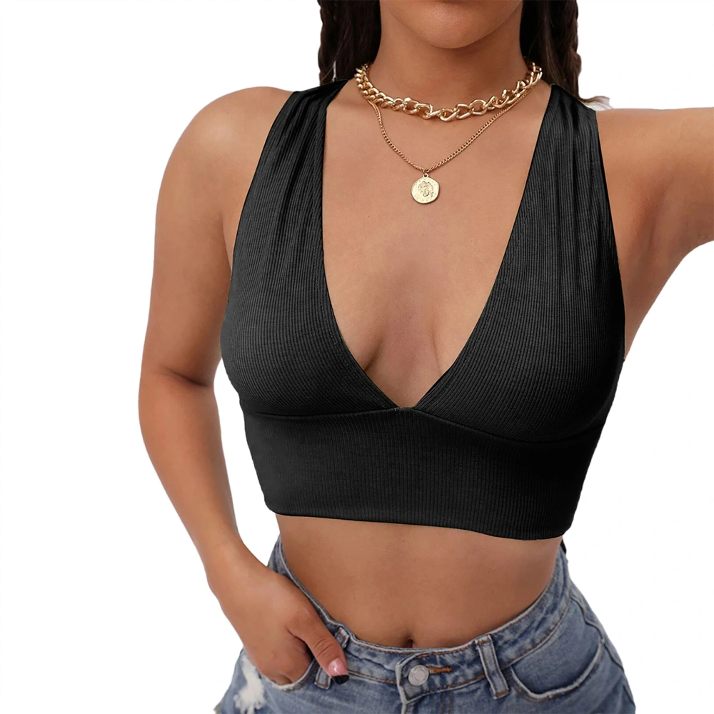 Deep V Neck Tank Sleeveless Pure Color Plunging Neck Slim Fit Cross Back Women Short Tank for Sports Black XL