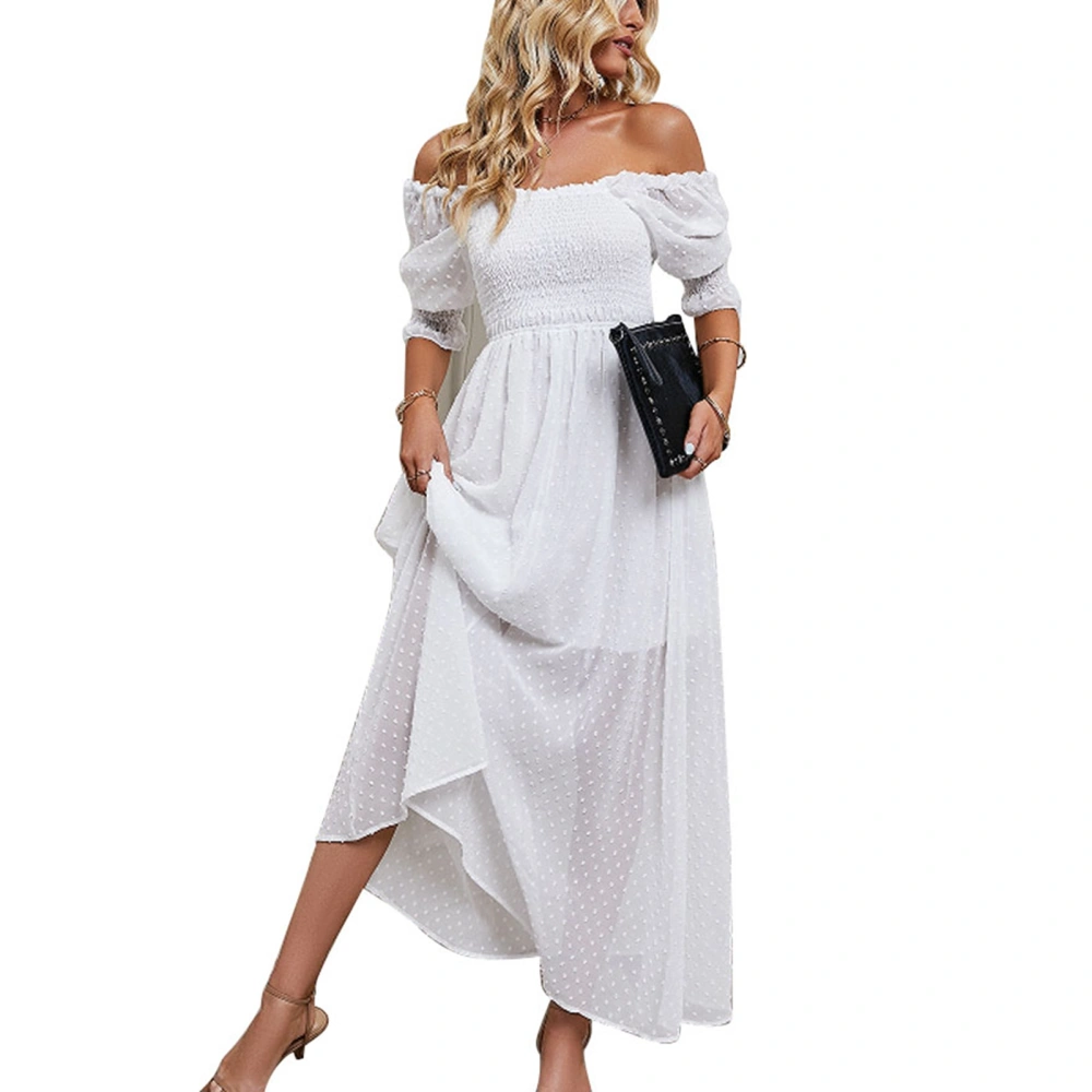 Women Long Dress Deep V Back Puff Sleeves Off Shoulder Pure Color Dress for Daily Wear White M