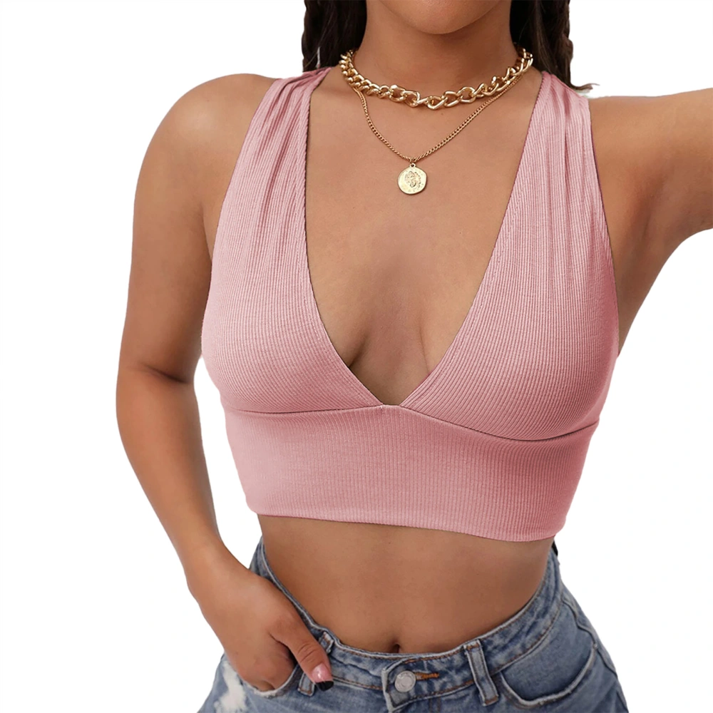 Deep V Neck Tank Sleeveless Pure Color Plunging Neck Slim Fit Cross Back Women Short Tank for Sports Pink M