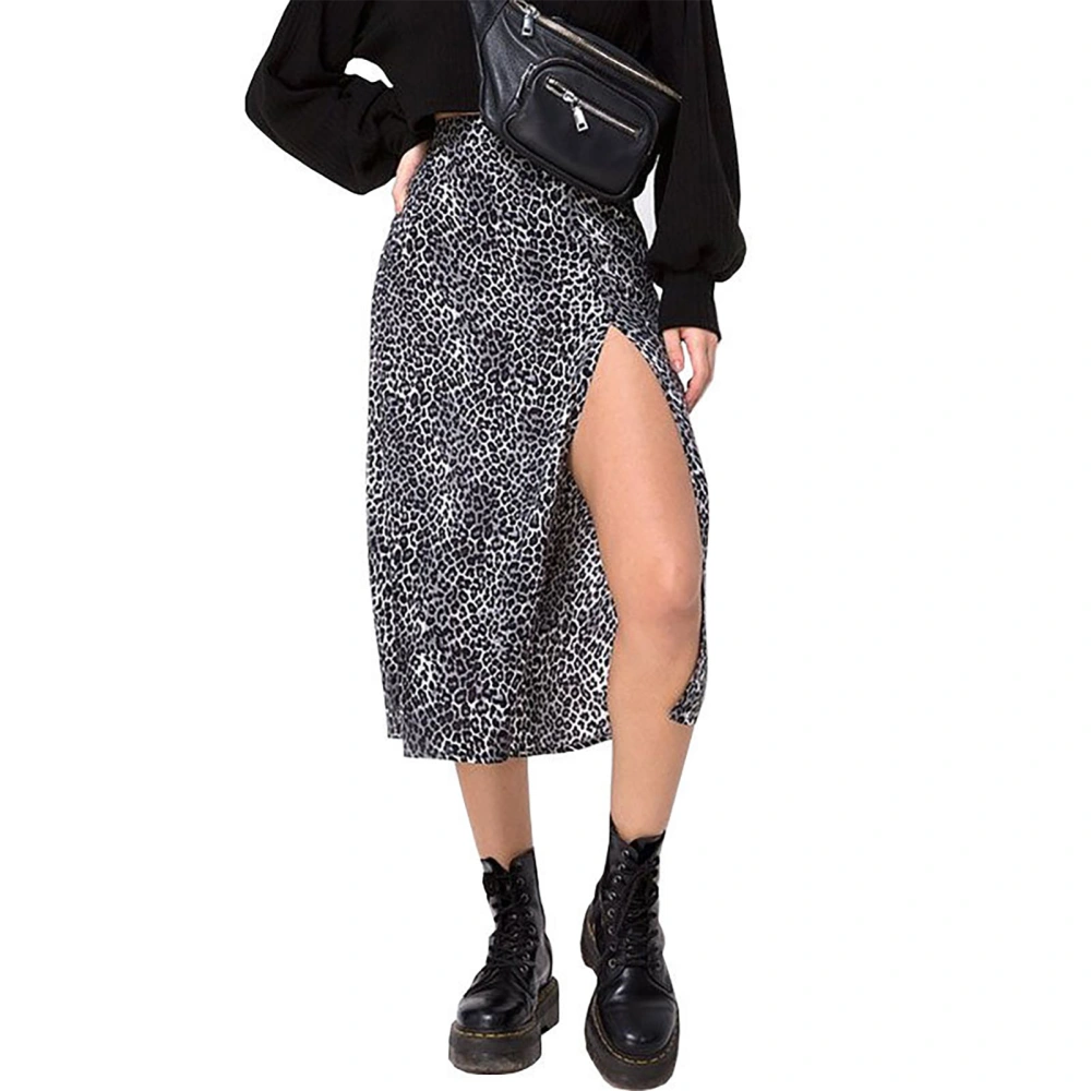 Split A Line Skirt High Waist Elastic Soft Stylish Elegant Leopard Print Split Skirt for Daily Leopard Black N