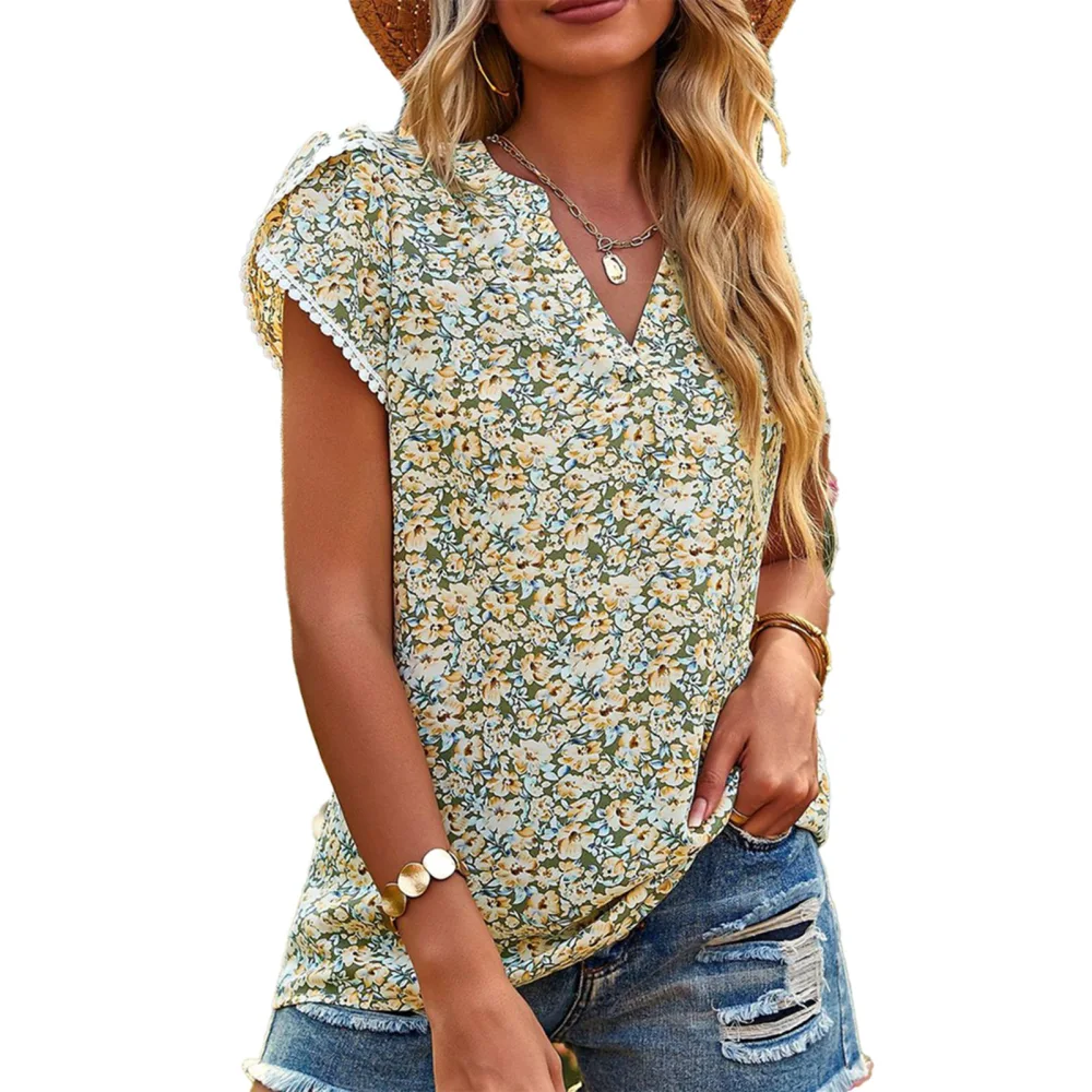 Women V Neck T Shirts Spring Summer Fashionable Floral Printing Loose Short Sleeve Casual Summer Tops for Daily Party Green M