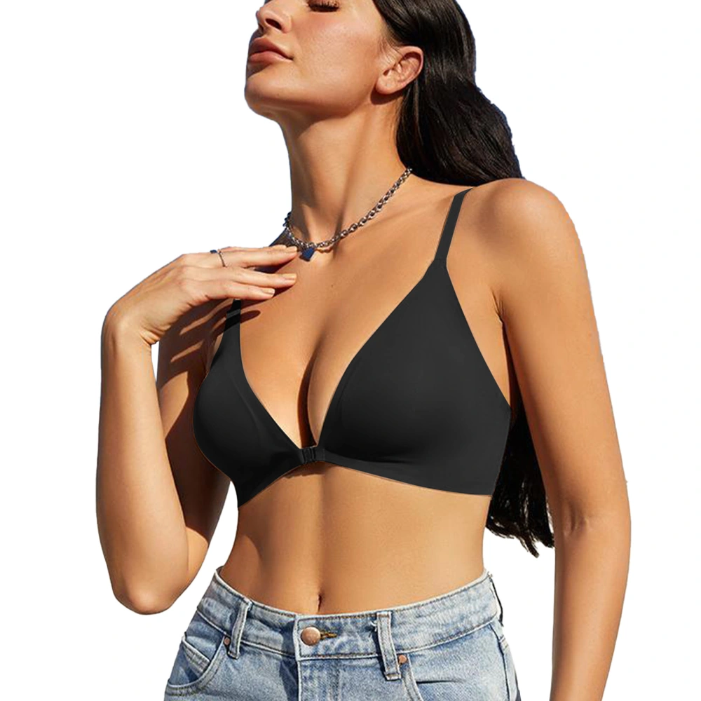 Women Bra Deep V Neck Wireless Seamless 3/4 Cup Push Up Breathable Front Close T Shirt Bra Black XL