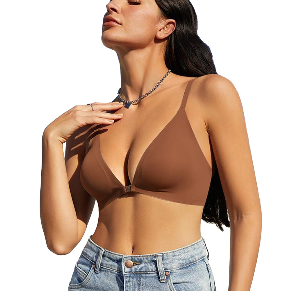 Women Bra Deep V Neck Wireless Seamless 3/4 Cup Push Up Breathable Front Close T Shirt Bra Skin Coffe S