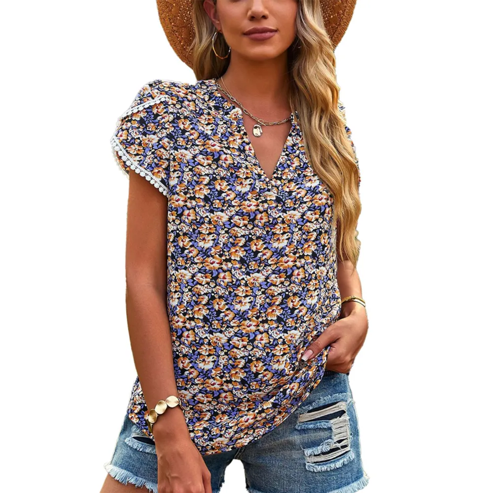 Women V Neck T Shirts Spring Summer Fashionable Floral Printing Loose Short Sleeve Casual Summer Tops for Daily Party Black XL