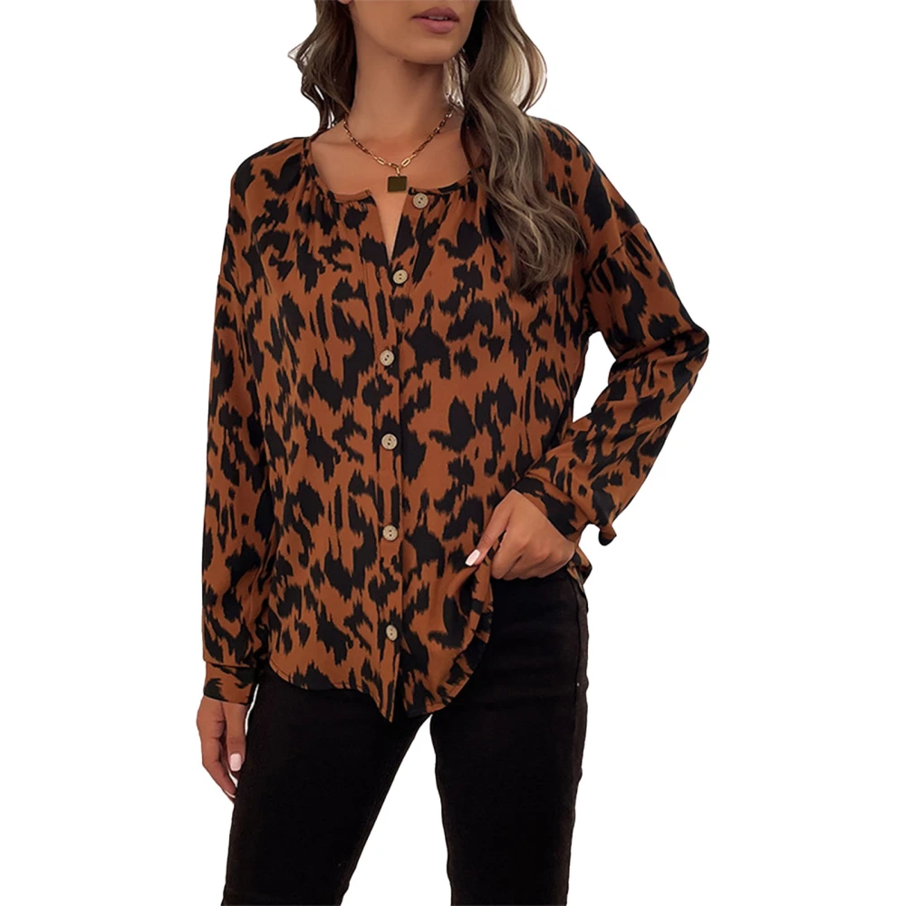 Leopard Button Down Shirts Long Sleeve Round Neck Casual Leopard Button Shirt Top for Women Girls Summer Rusty Brown S