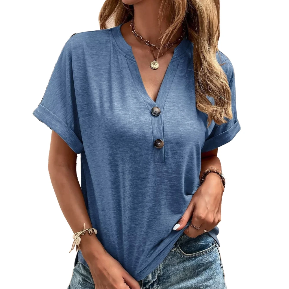 Button Short Sleeve Top V Neck Drop Shoulder Loose Casual Soft Women Button Summer T Shirt Blue 3XL