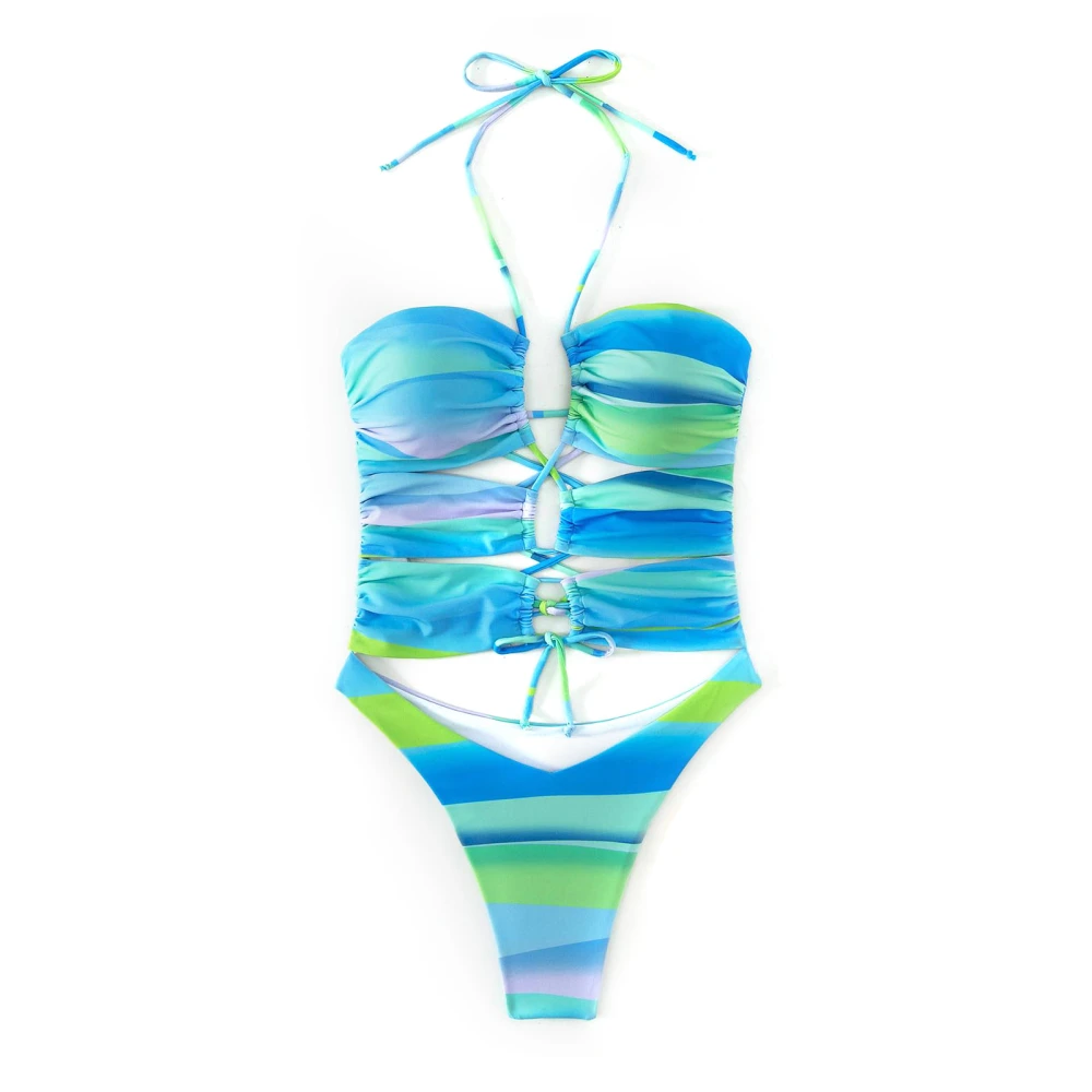 Women Swimsuit Gradient Color Halter Neck Crossing Straps Closure Hollow Out Backless Bathing Suit Stripes M