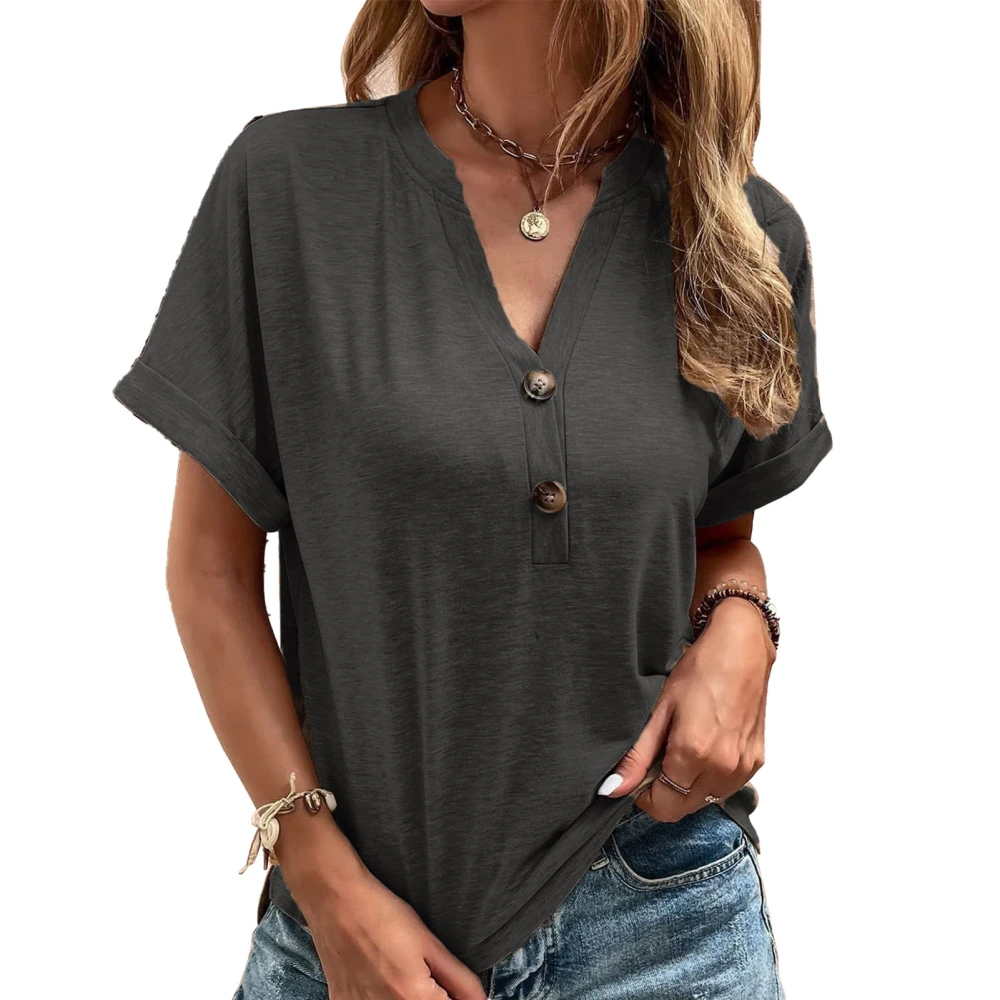 Button Short Sleeve Top V Neck Drop Shoulder Loose Casual Soft Women Button Summer T Shirt Dark Gray XXL