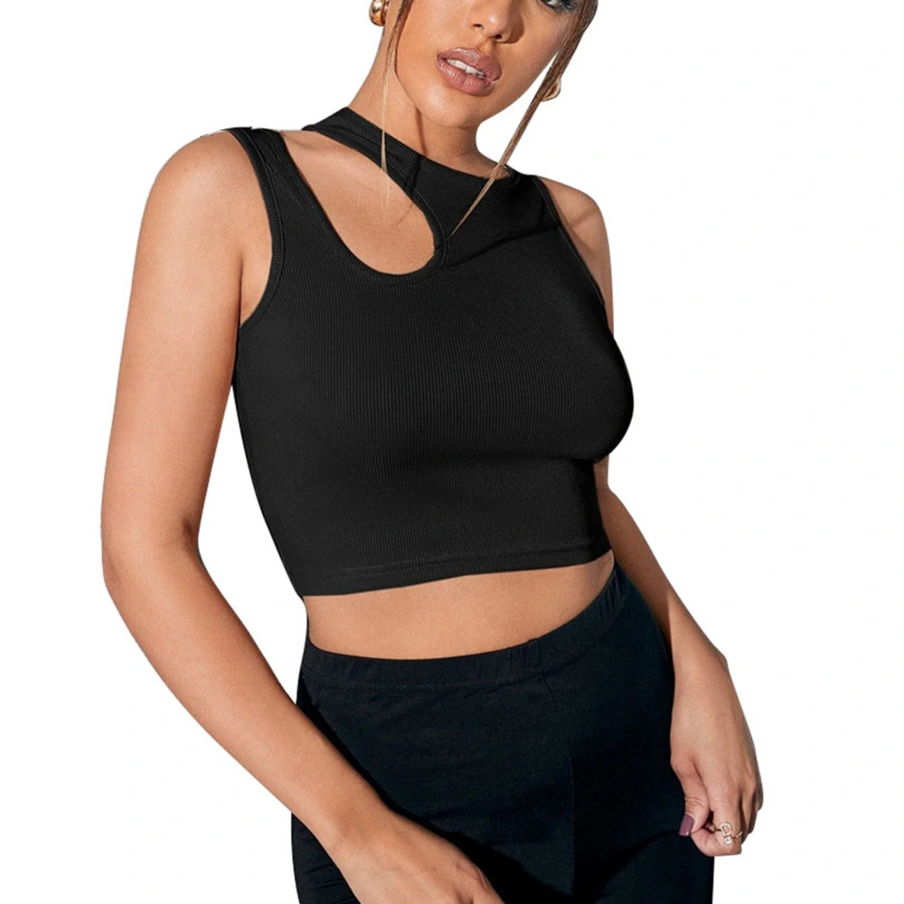 Women Sports Workout Tank Top Elastic Slim Fit Short Crewneck Shoulder Hollow Sleeveless Knit Top Black S