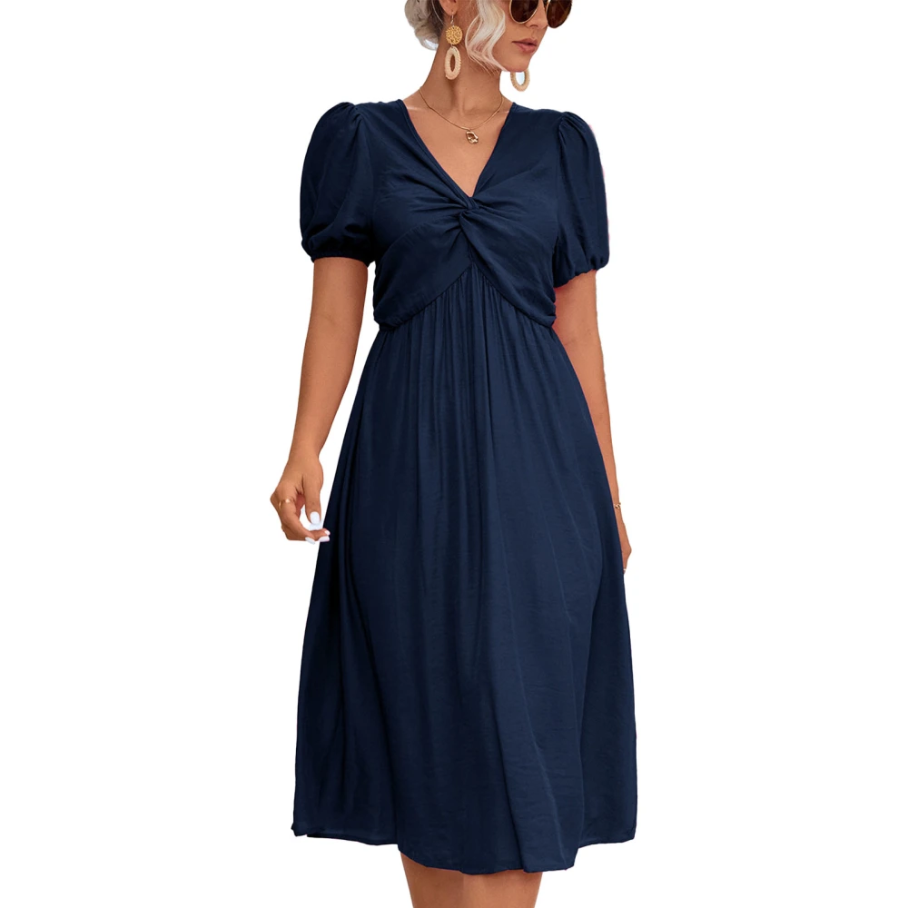 Women Dress Twist Knot V Neck Short Puff Sleeve Loose Hem Casual Long Dress for Daily Wear Purplish Blue XL