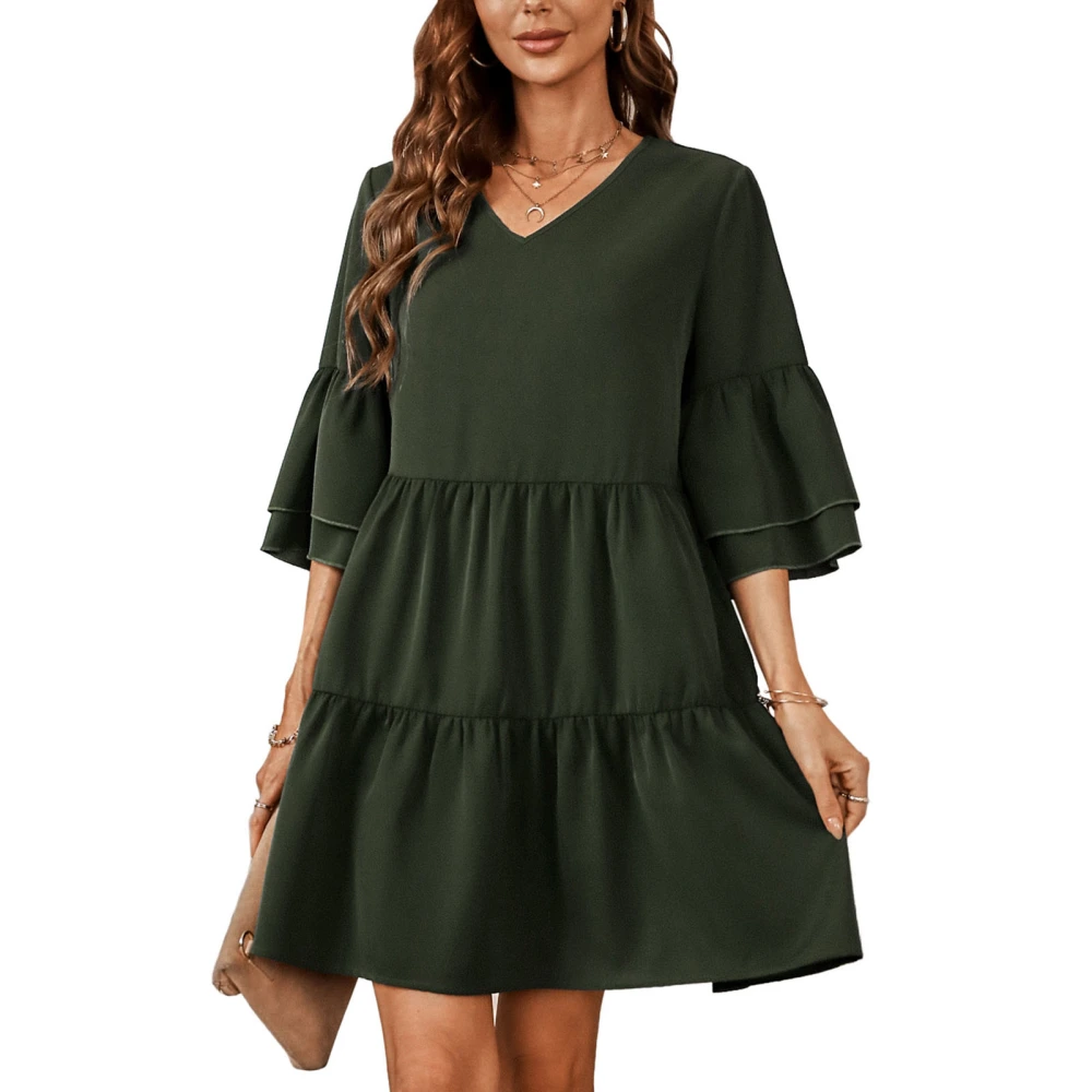 Women Dress Ruffle Hem V Neck Half Bell Sleeve Pure Color Casual Breathable Summer Dress Dark Green S