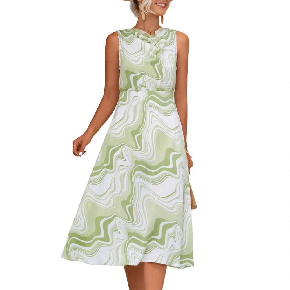 Women Long Dress Heaps Collar Sleeveless Back Button Closure Abstract Pattern Printing Loose Hem Dress Green M