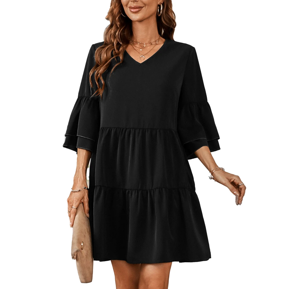 Women Dress Ruffle Hem V Neck Half Bell Sleeve Pure Color Casual Breathable Summer Dress Black L