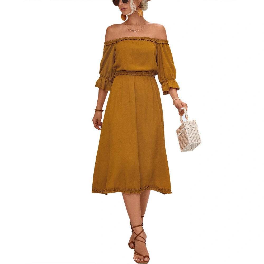 Off Shoulder Ruffled Dress Pure Color Elegant Flowy Soft Fashion Casual Off Shoulder Dress for Women Ginger M