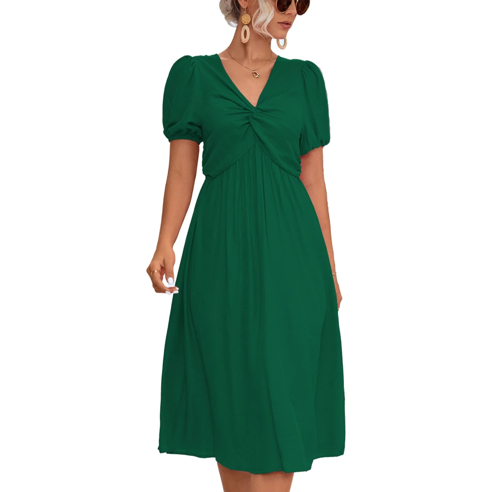 Women Dress Twist Knot V Neck Short Puff Sleeve Loose Hem Casual Long Dress for Daily Wear Green L