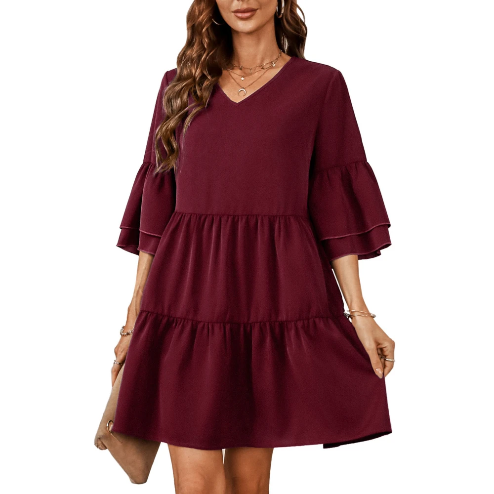 Women Dress Ruffle Hem V Neck Half Bell Sleeve Pure Color Casual Breathable Summer Dress Dark Wine Red S