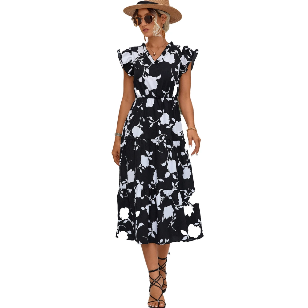 Women Long Dress Short Cap Sleeve Frill Trim V Neck Ruffle Hem Floral Printed Elastic High Waist Summer Dress Black XL