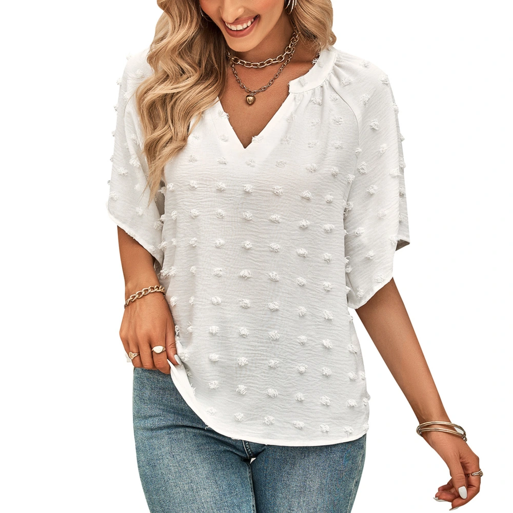 V Neck Half Sleeve Top Women Loose Casual Fashionable Pure Color Swiss Dot Blouse Shirt for Office Work White XL