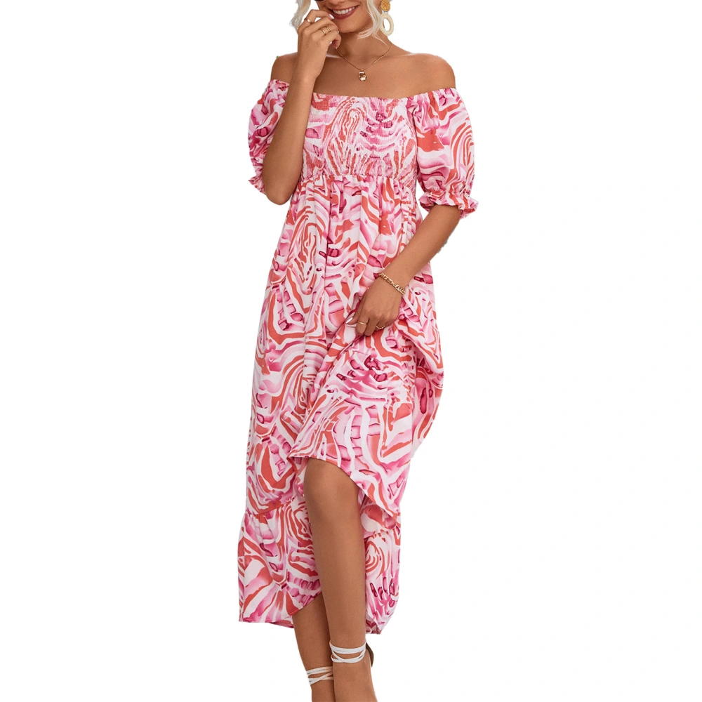 Women Floral Printing Dress Off Shoulder Short Puff Sleeves Shirred Loose Hem Long Dress Pink M