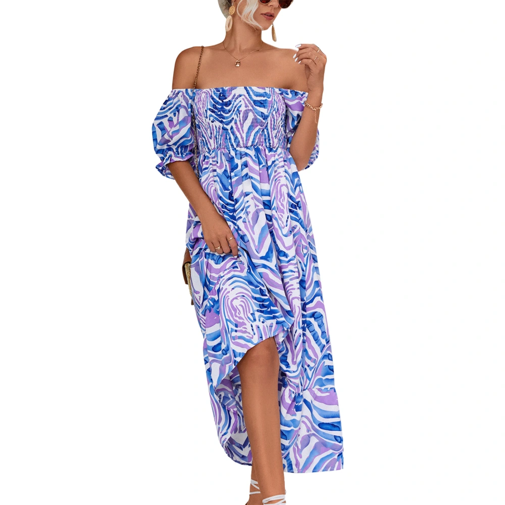 Women Floral Printing Dress Off Shoulder Short Puff Sleeves Shirred Loose Hem Long Dress Blue L