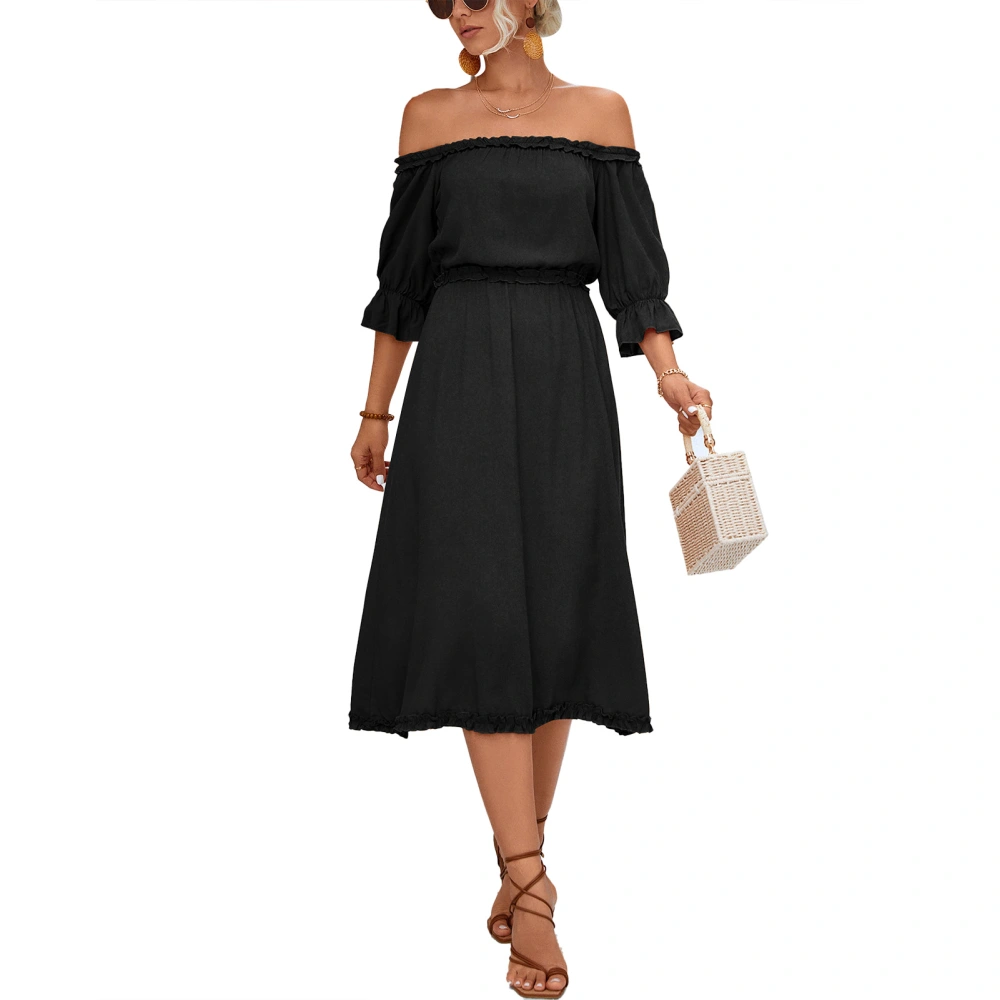 Off Shoulder Ruffled Dress Pure Color Elegant Flowy Soft Fashion Casual Off Shoulder Dress for Women Black S