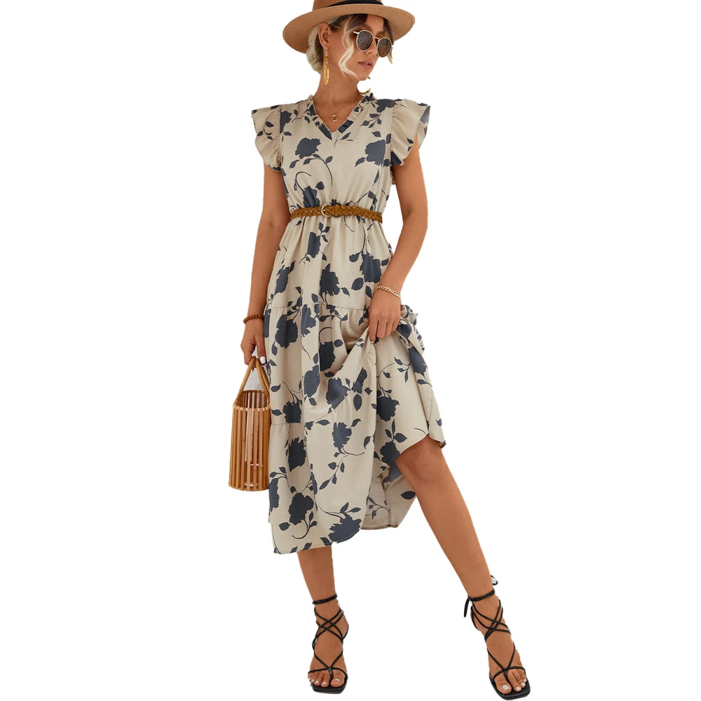 Women Long Dress Short Cap Sleeve Frill Trim V Neck Ruffle Hem Floral Printed Elastic High Waist Summer Dress Apricot S