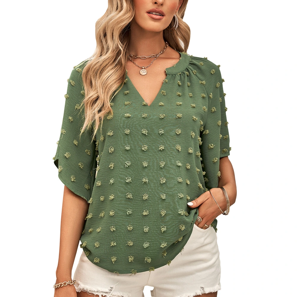 V Neck Half Sleeve Top Women Loose Casual Fashionable Pure Color Swiss Dot Blouse Shirt for Office Work Green S