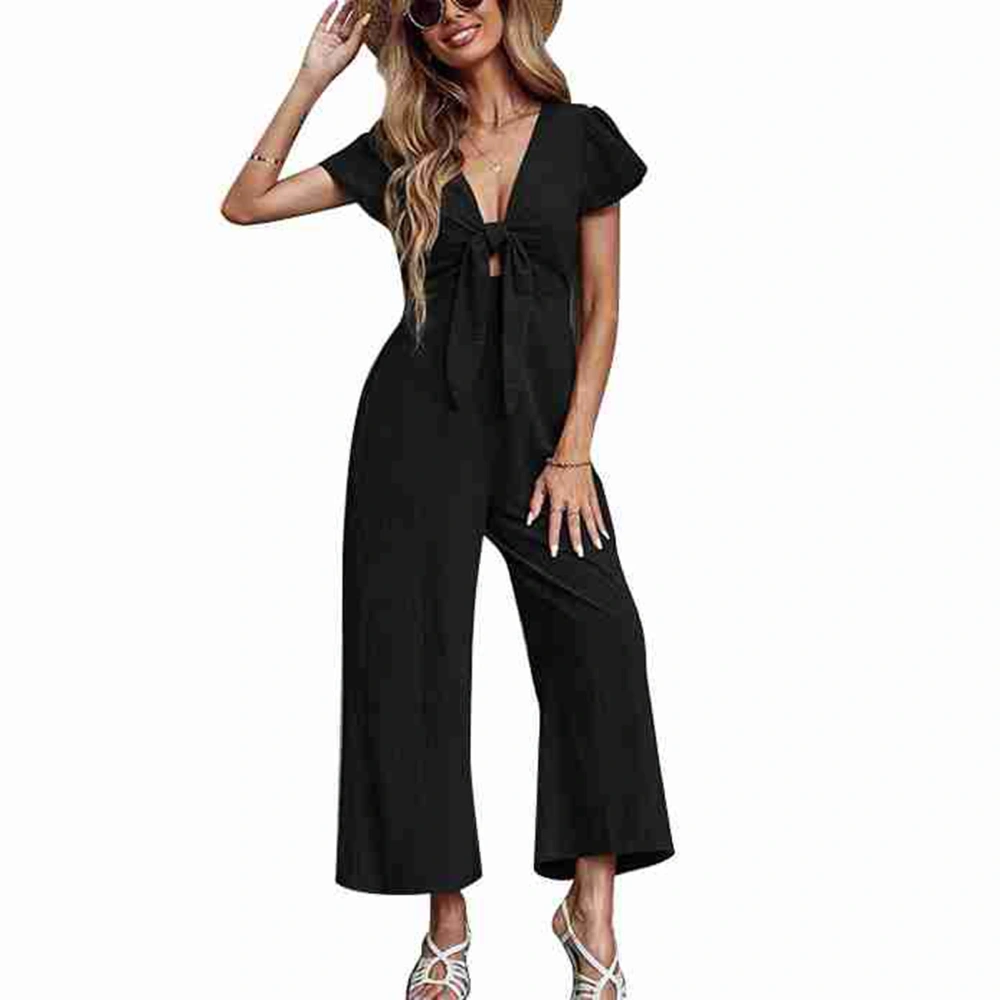 Jumpsuit V Neck Pure Color Front Bow High Elastic Waist Wide Leg One Piece Short Sleeves Ninth Pants Jumpsuit Black S