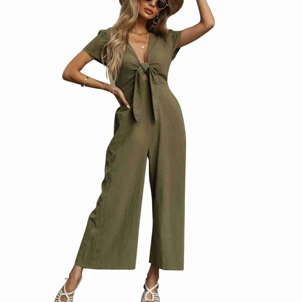 Jumpsuit V Neck Pure Color Front Bow High Elastic Waist Wide Leg One Piece Short Sleeves Ninth Pants Jumpsuit Green XL