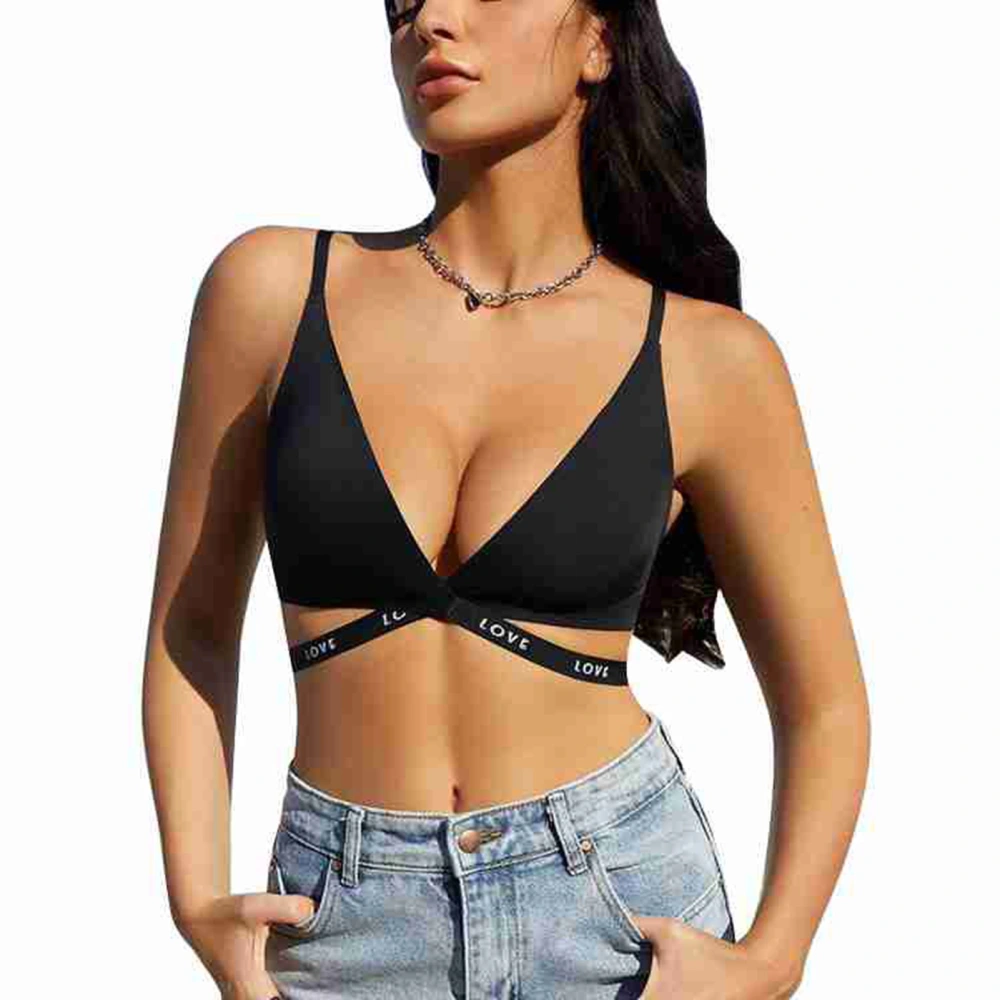 Crisscross Front Bra Deep V Neck Hollow Out Backless Hook And Eye Closure Fashion Cutout Bra Black M