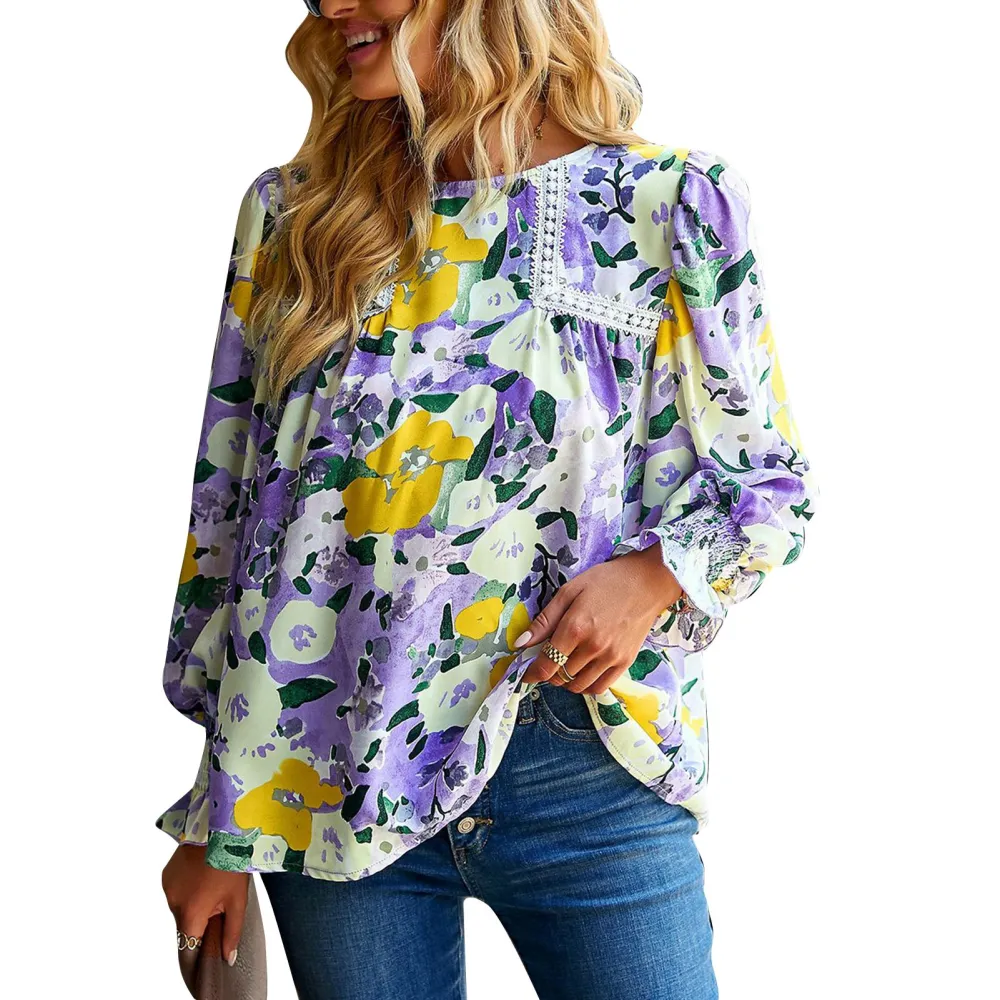 Women Floral Top Lantern Long Sleeve Round Neck Elastic Cuff Lace Splicing Loose Comfortable Floral Blouse Purple S