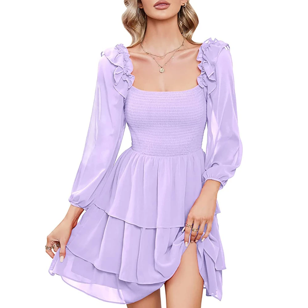 Layered Dress Square Neck Shirred Bust Slim Fit Elegant Comfortable Dress for Dinner Ball Light Purple S