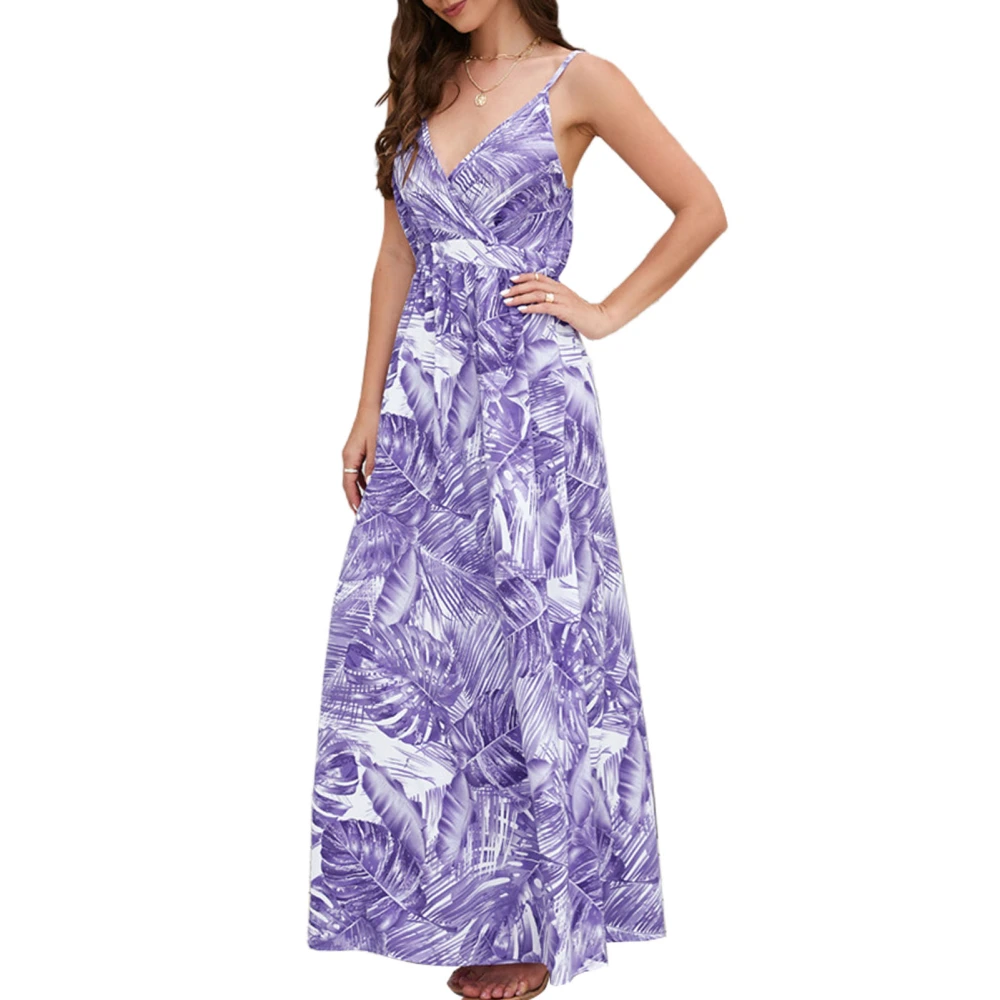 Womens Slip Dress Bohemian Style Spaghetti Strap V Neck High Waist Flower Prints Maxi Dress for Party Wedding Travel Purple XXL