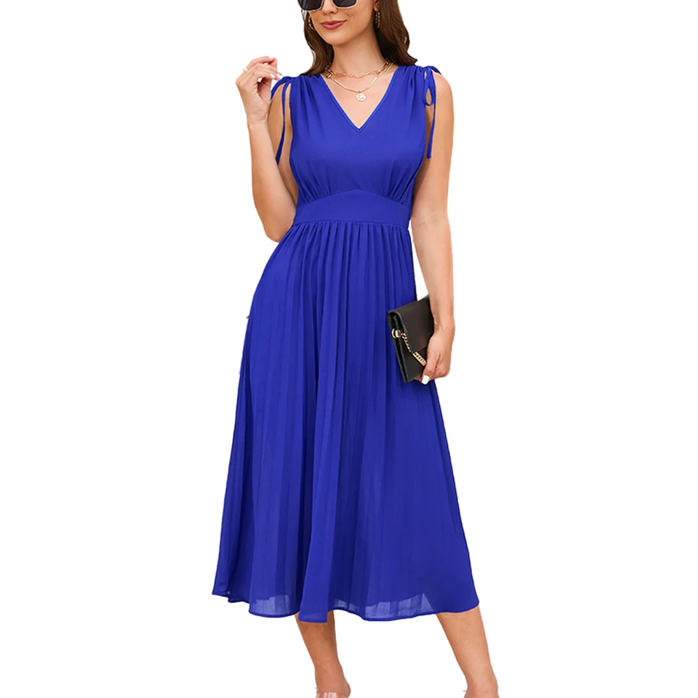 V Neck Drawstring Tie Shoulder Dress Women Pure Color Sleeveless Waist Gathered Pleated A Line Dress Blue M